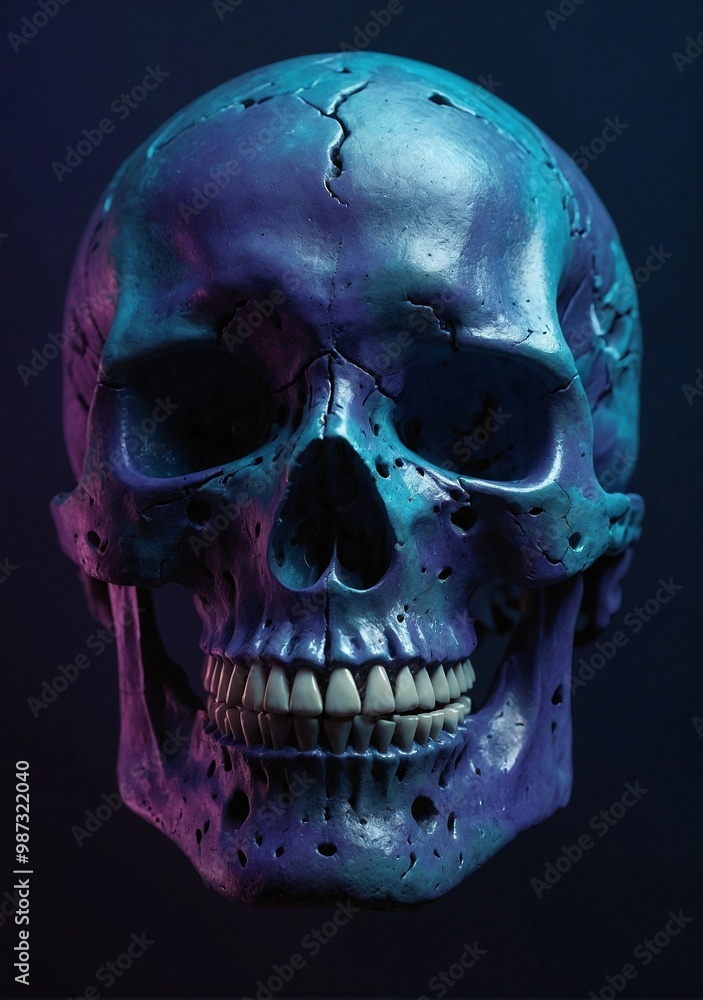 A glowing skull painted in vibrant purple and blue hues with a cracked surface, spotlighted to highlight its eerie yet captivating textures and colors against a dark background. A glowing skull painted in vibrant purple and blue hues with a cracked surface, spotlighted to highlight its eerie yet captivating textures and colors against a dark background.