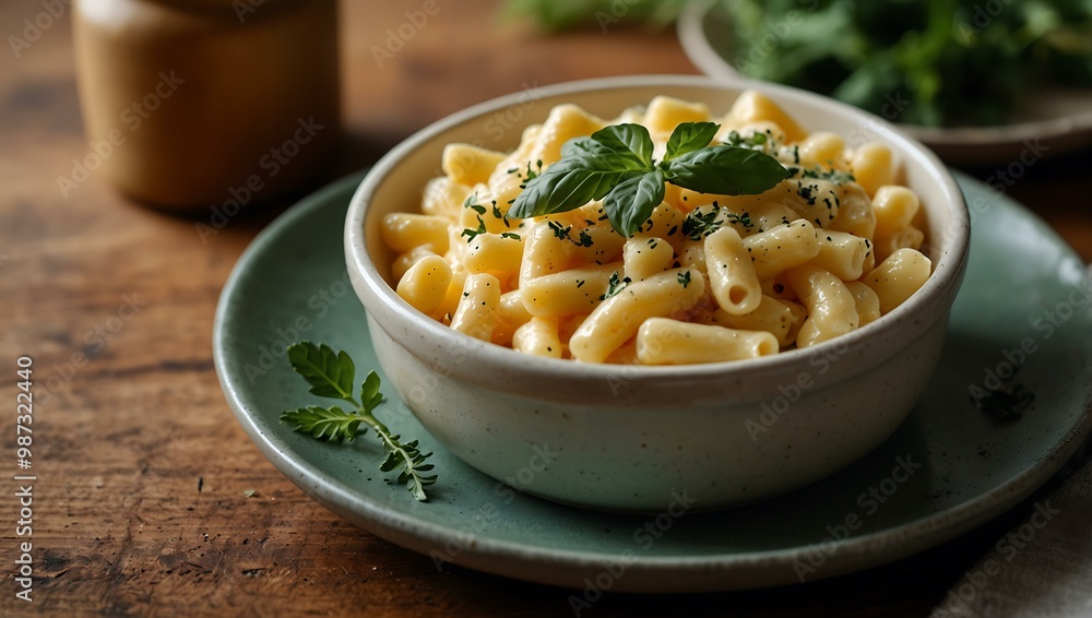 A plate of creamy macaroni cheese garnished with green foliage. A plate of creamy macaroni cheese garnished with green foliage.