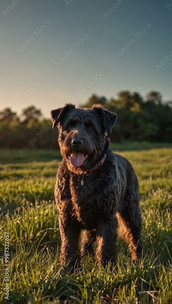 A proud Flanders Bouvier stands in a lush field under a clear sky. A proud Flanders Bouvier stands in a lush field under a clear sky.