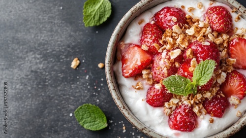 A delicious and nutritious bowl of Greek yogurt is topped generously with sliced strawberries and crunchy granola, garnished with fresh mint, offering a healthy snack.