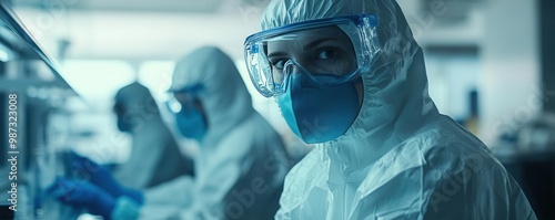 Team of scientists wearing protective gear conducting experiments with biohazardous materials photo