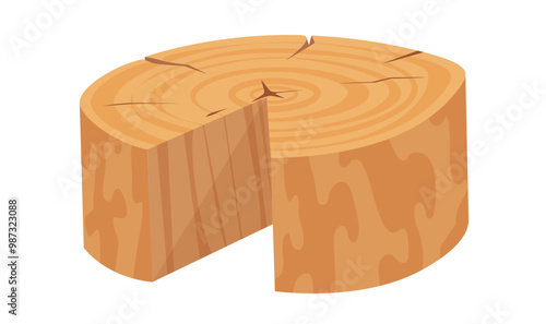 A vector image of a wooden log slice with a cut-out section, showing growth rings and cracks.