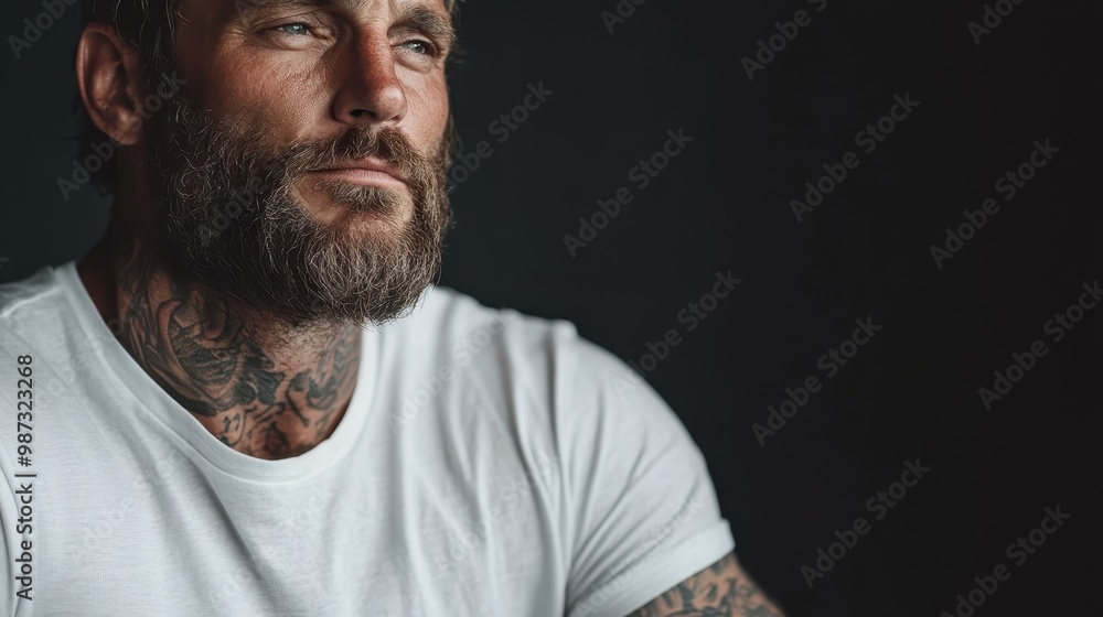 A dark setting featuring a tattooed man in a white t-shirt, capturing his strong and enigmatic presence with visible tattoos on his arms and neck, emphasizing modern masculinity. A dark setting featuring a tattooed man in a white t-shirt, capturing his strong and enigmatic presence with visible tattoos on his arms and neck, emphasizing modern masculinity.