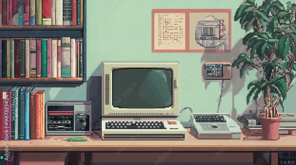 pixelated picture of a retro computer, concept of 8bit digital 80s aesthetics pixelated picture of a retro computer, concept of 8bit digital 80s aesthetics