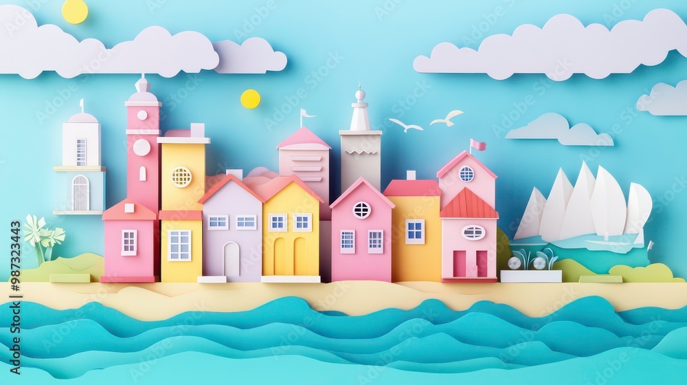 A paper craft of a town by the sea, with paper clouds, sun, and sailboats in a light blue sky. A paper craft of a town by the sea, with paper clouds, sun, and sailboats in a light blue sky.