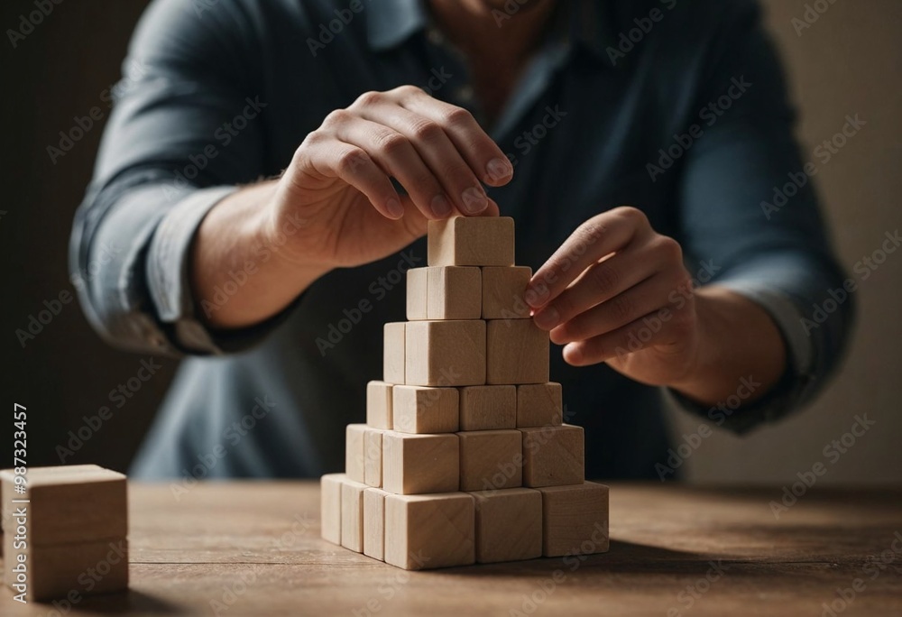 Person stacking wooden blocks to build a pyramid structure on a wooden table Person stacking wooden blocks to build a pyramid structure on a wooden table