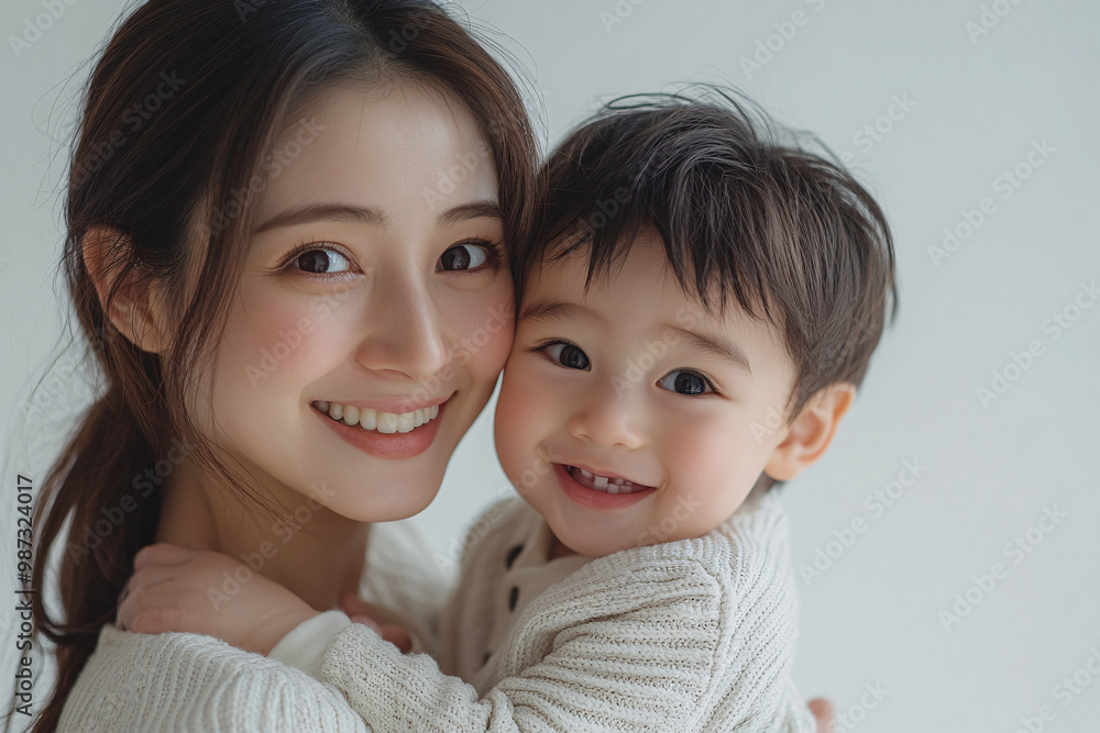 Young Japanese mother holding her cute young son, both looking into the camera, in front of a white studio background, showcasing a tender moment of family bonding and love Young Japanese mother holding her cute young son, both looking into the camera, in front of a white studio background, showcasing a tender moment of family bonding and love