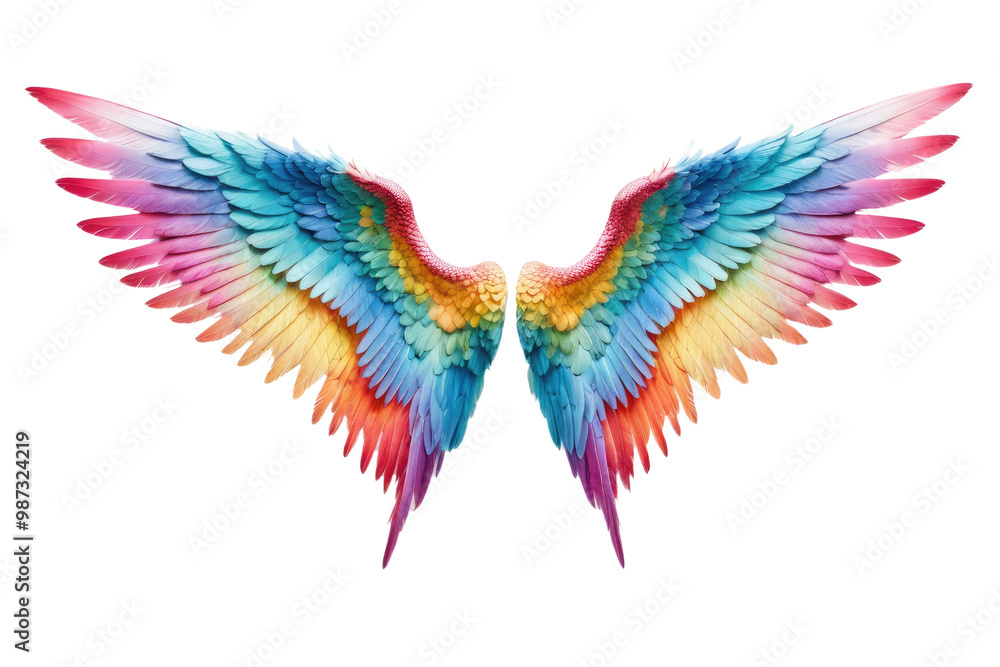 Obraz premium A single pair of angel devil wings spread in a full-body stance, exhibiting hues of pastel contrasted with vibrant colors, isolated with meticulous precision on a stark white background, high-quality
