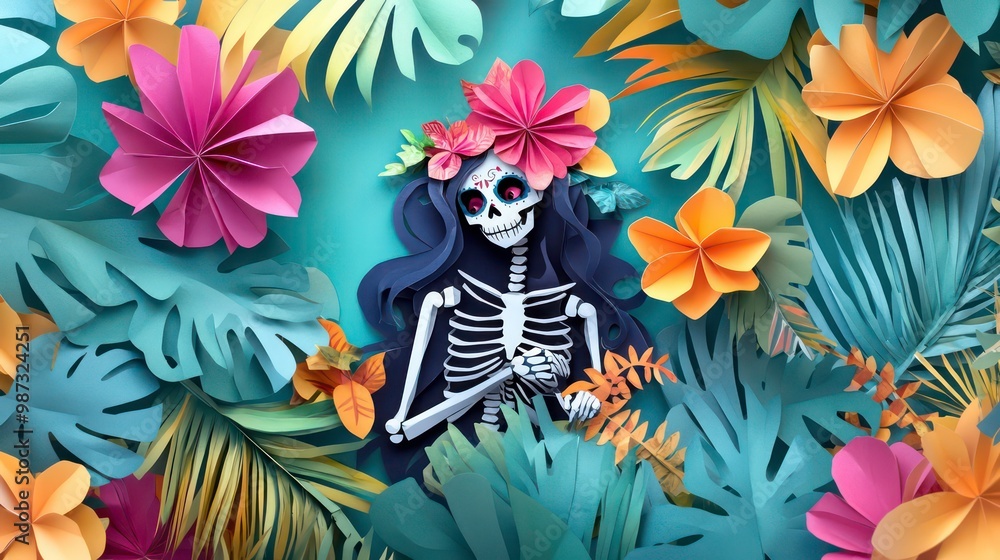 Paper art skeleton with flowers and leaves. Paper art skeleton with flowers and leaves.