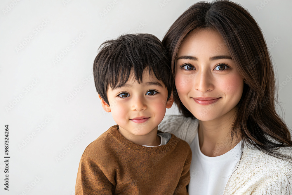 Young Japanese mother holding her cute young son, both looking into the camera, in front of a white studio background, showcasing a tender moment of family bonding and love Young Japanese mother holding her cute young son, both looking into the camera, in front of a white studio background, showcasing a tender moment of family bonding and love