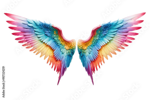 A single pair of angel devil wings spread in a full-body stance, exhibiting hues of pastel contrasted with vibrant colors, isolated with meticulous precision on a stark white background, high-quality