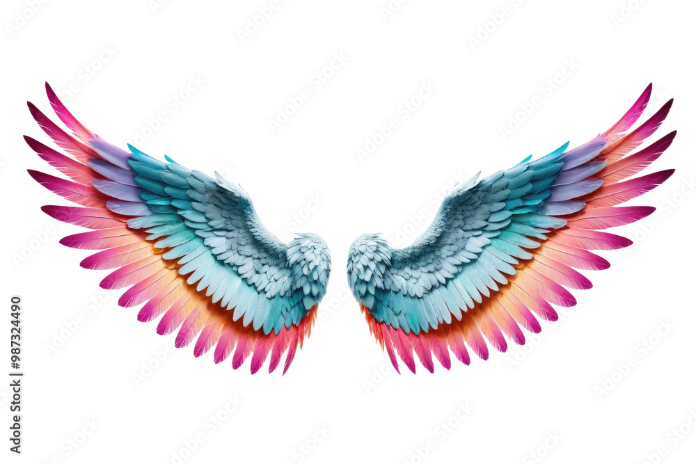 Obraz premium A single pair of angel devil wings spread in a full-body stance, exhibiting hues of pastel contrasted with vibrant colors, isolated with meticulous precision on a stark white background, high-quality