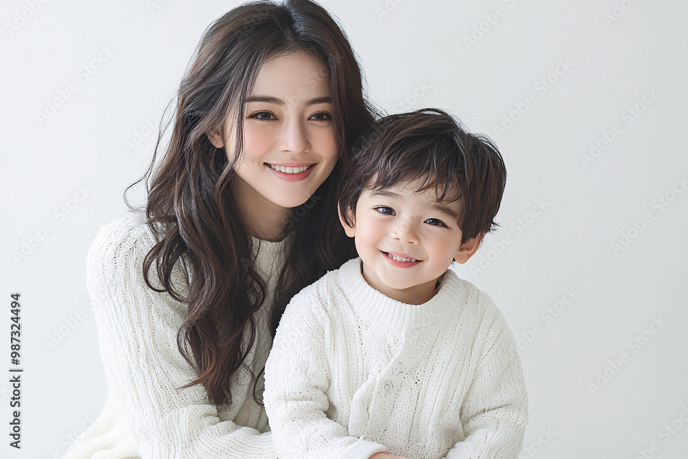 Young Japanese mother holding her cute young son, both looking into the camera, in front of a white studio background, showcasing a tender moment of family bonding and love Young Japanese mother holding her cute young son, both looking into the camera, in front of a white studio background, showcasing a tender moment of family bonding and love