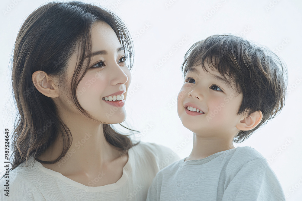 Young Japanese mother holding her cute young son, both looking into the camera, in front of a white studio background, showcasing a tender moment of family bonding and love Young Japanese mother holding her cute young son, both looking into the camera, in front of a white studio background, showcasing a tender moment of family bonding and love