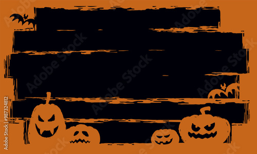 Grunge Halloween Pumpkins with Bats over Rotten Wood Panel Party Invitation Flyer Vector Landscape Background