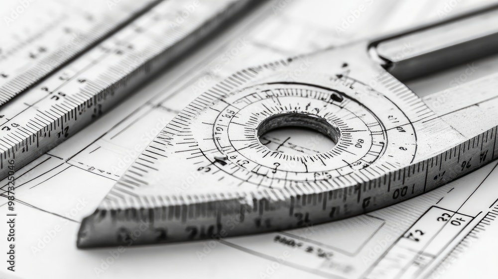An angle measuring tool set. 180-degree measure and round 360-protractors scale are included in the set of metric rulers. Protractor: a tool for drafting charts and measuring angles An angle measuring tool set. 180-degree measure and round 360-protractors scale are included in the set of metric rulers. Protractor: a tool for drafting charts and measuring angles