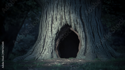 A big tree with a big hollow, night landscape, gloomy atmosphere