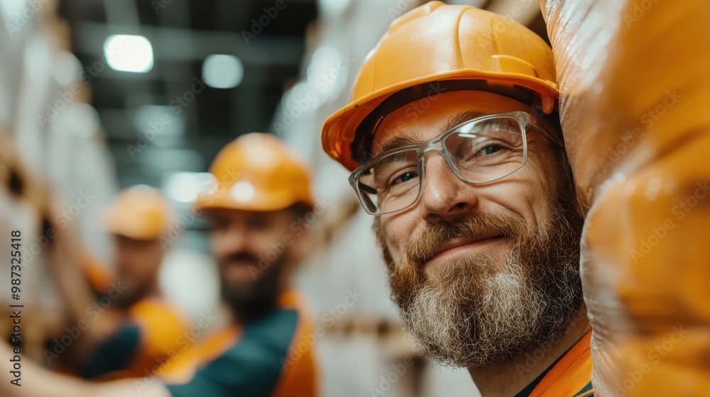 A man with glasses and a beard smiles warmly in a warehouse environment, exuding friendliness and approachability amidst professionalism and hard work. A man with glasses and a beard smiles warmly in a warehouse environment, exuding friendliness and approachability amidst professionalism and hard work.