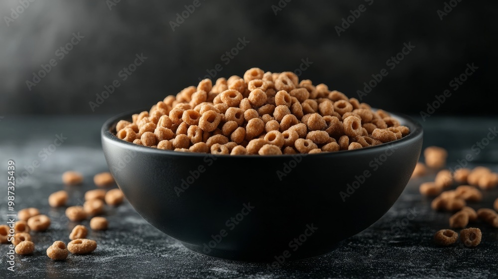 Crispy brown cereal in ceramic bowl on black glass. Crispy brown cereal in ceramic bowl on black glass.