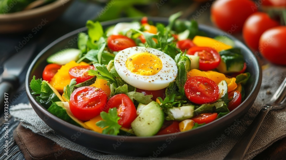 Salad with egg, veggies on table Salad with egg, veggies on table