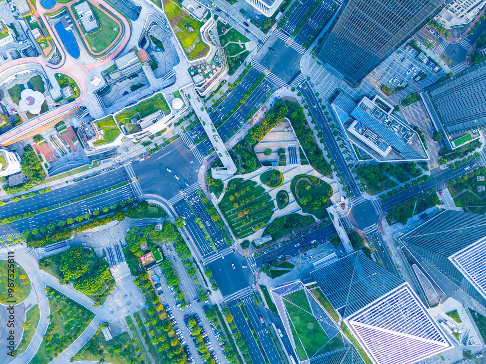 Obraz premium Aerial view of Shanghai Downtown skyline, highway roads or street . Financial district and high-rise buildings