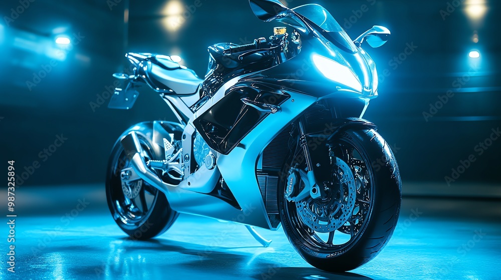 A silver sportbike illuminated with blue lights in a studio setting. A silver sportbike illuminated with blue lights in a studio setting.