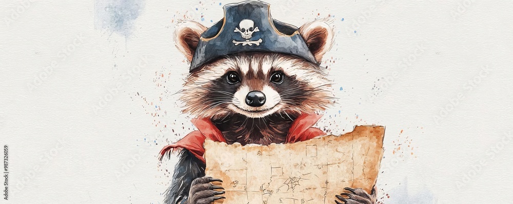 Naklejka premium Pirate raccoon holding a treasure map, isolated.