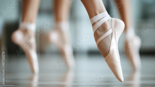 An image capturing the elegance and grace of ballet dancers' feet in pointe shoes, showcasing precise movements and dedication within a ballet studio environment.