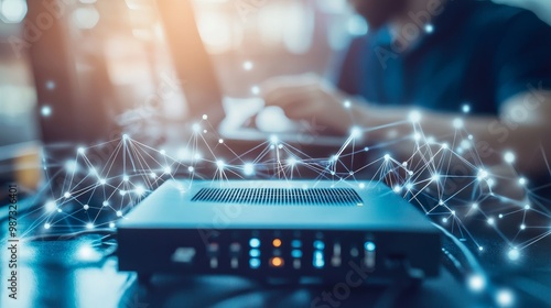 focused selectively at the router. Internet router on a work surface with a man in the background who is blurry connecting the cable. Fast and high-speed internet access via fiber line featuring a fut photo