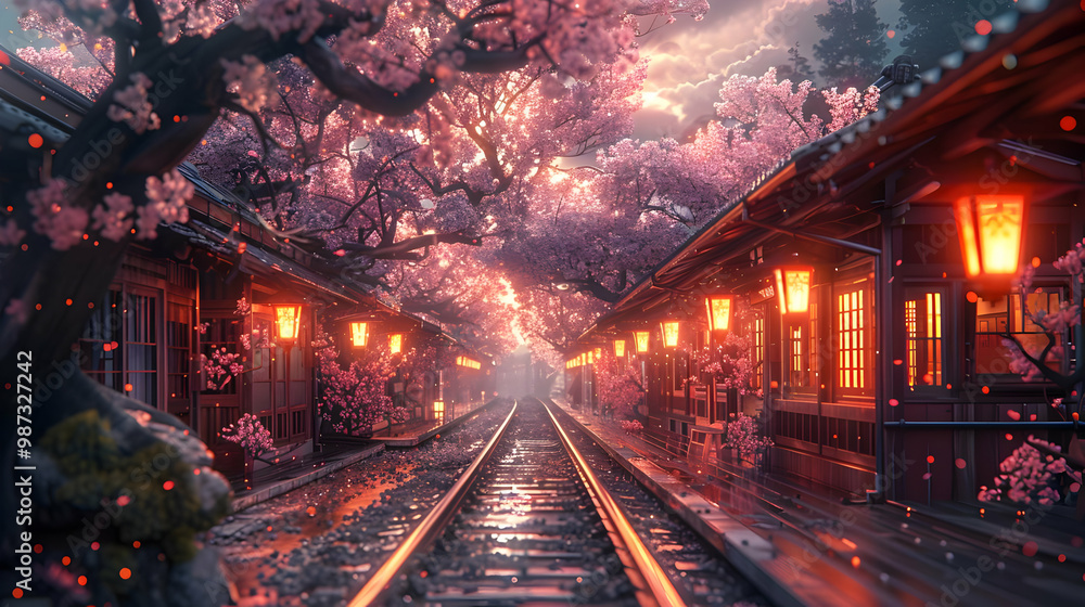 Cherry Blossom Train Tracks 3D Illustration Cherry Blossom Train Tracks 3D Illustration