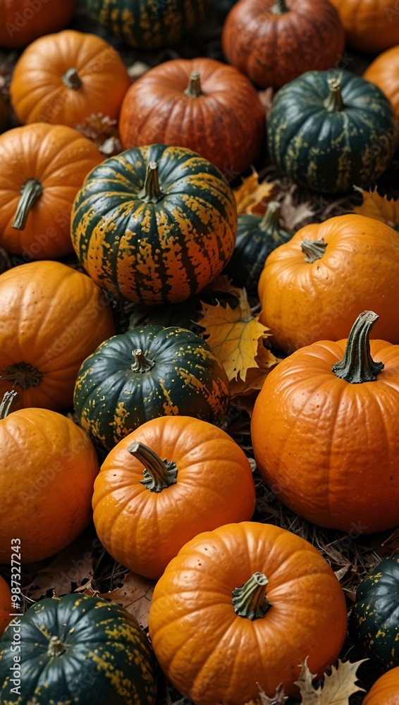 A vibrant arrangement of pumpkins surrounded by autumn leaves. A vibrant arrangement of pumpkins surrounded by autumn leaves.
