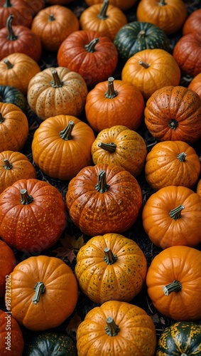 A vibrant arrangement of pumpkins surrounded by autumn leaves.