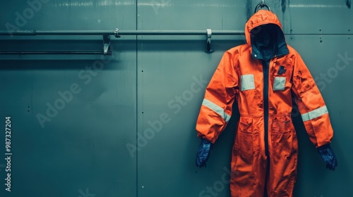  workerâ€™s protective suit hanging against a neutral background, highlighting the importance 