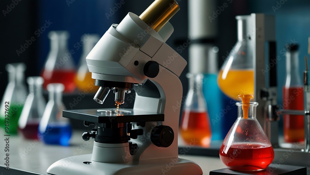 A vibrant lab scene features a microscope surrounded by colorful flasks. A vibrant lab scene features a microscope surrounded by colorful flasks.