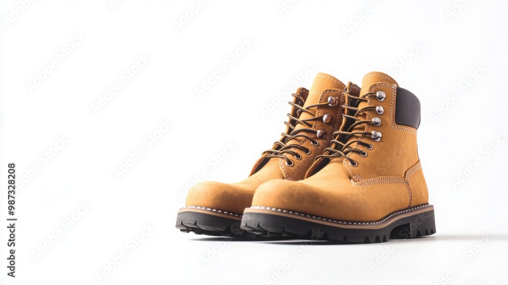 steel-toed work boots placed on a white background. steel-toed work boots placed on a white background.