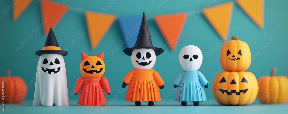 Naklejka premium Halloween decorations with playful figures.