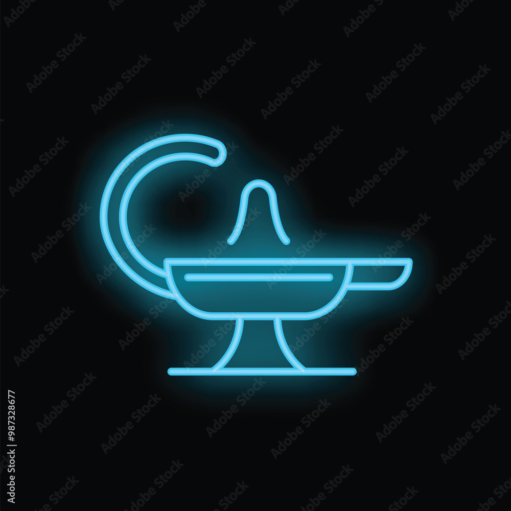 Neon blue icon of aladdin lamp glowing on black background Neon blue icon of aladdin lamp glowing on black background