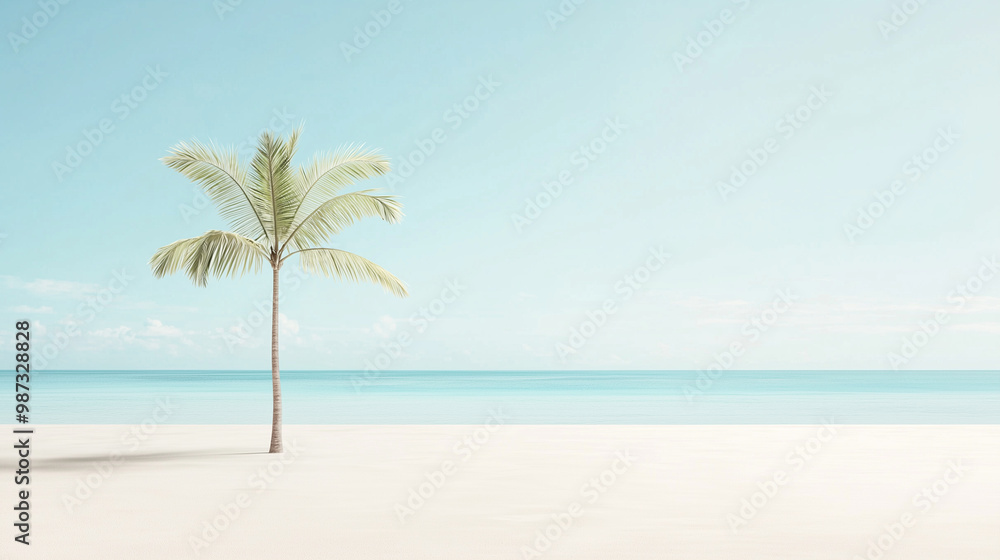 tranquil beach scene with soft white sand and a single palm tree, framed by calm turquoise waters, embodying the essence of a relaxing getaway in a minimalist style photo tranquil beach scene with soft white sand and a single palm tree, framed by calm turquoise waters, embodying the essence of a relaxing getaway in a minimalist style photo