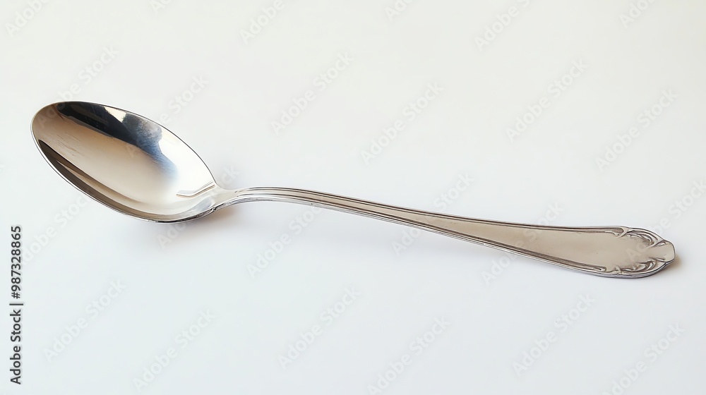 A silver spoon on a white background. A silver spoon on a white background.