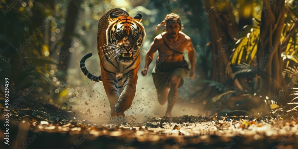 Man Running From Tiger in Jungle Man Running From Tiger in Jungle