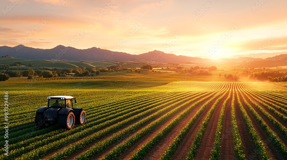 Sunset Farming: Tractor Working in Vast Green Field with Mountains in Background Sunset Farming: Tractor Working in Vast Green Field with Mountains in Background