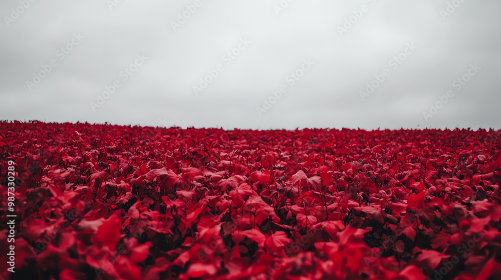 Fototapeta premium A vast field of vibrant red tulips under a cloudy sky, creating a striking contrast and showcasing nature's beauty.