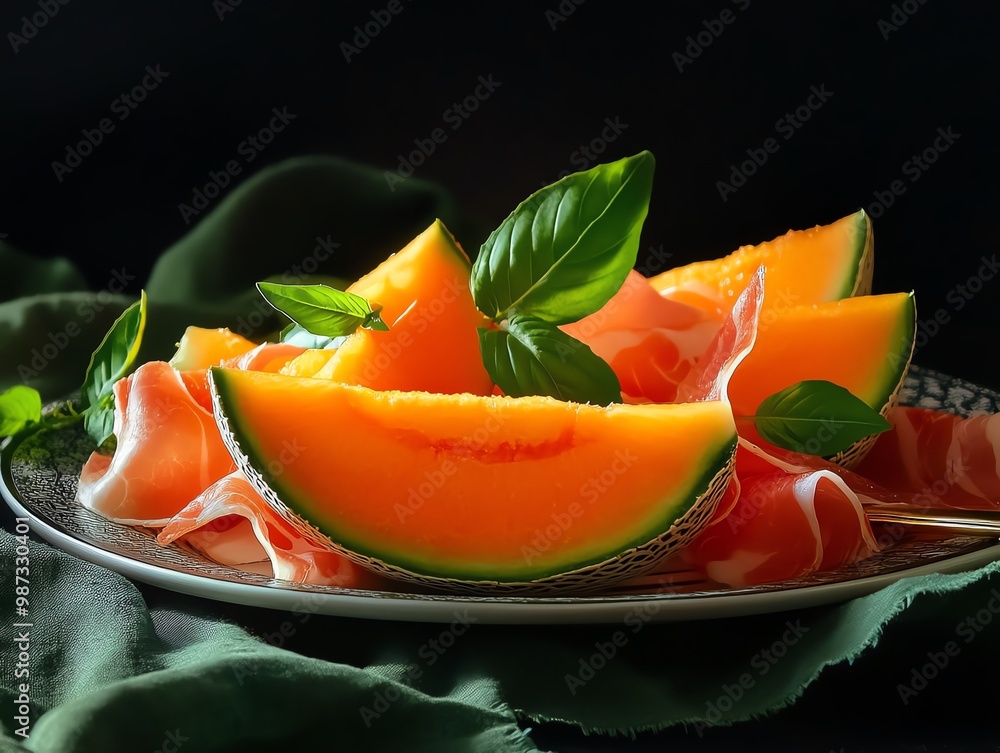 Juicy cantaloupe slices, vibrant orange, served on a platter with prosciutto, fresh and sweet Juicy cantaloupe slices, vibrant orange, served on a platter with prosciutto, fresh and sweet