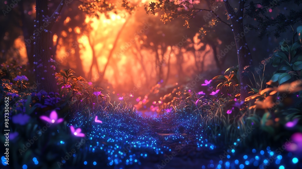 Enchanting forest pathway at sunset Enchanting forest pathway at sunset