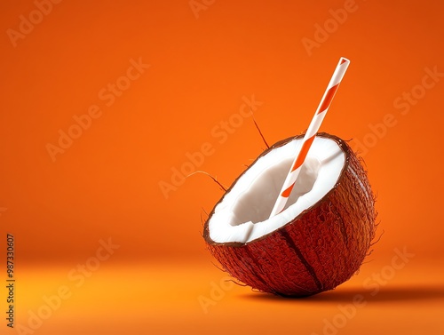 Juicy coconut with a straw, fresh from the tree, tropical vibes, refreshing and hydrating photo