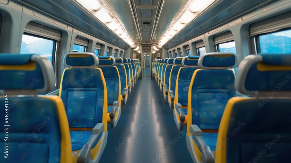 Empty Train Interior with Blue and Yellow Seats Empty Train Interior with Blue and Yellow Seats