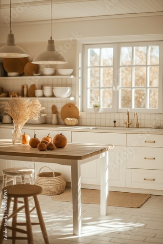 Fall house interior, A cozy kitchen adorned with fall decor including pumpkins and dried leaves, enhancing its charm