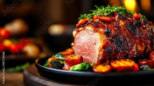 Juicy honeyglazed ham with caramelized edges, served with roasted vegetables, festive and hearty photo