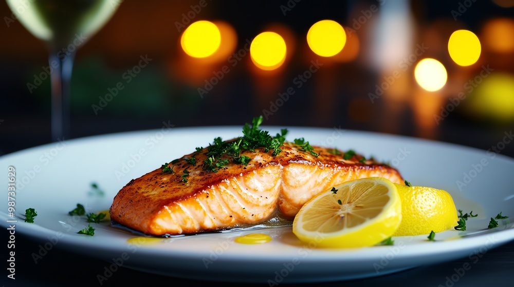 Juicy salmon fillet with a crispy skin, served with a lemon butter sauce, light and flavorful Juicy salmon fillet with a crispy skin, served with a lemon butter sauce, light and flavorful