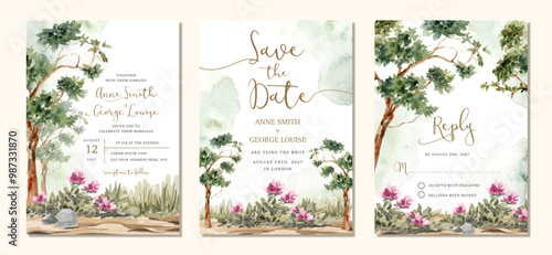 wedding invitation set with landscape tree and flower bushes watercolor background